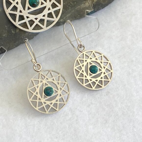 Sterling Silver Openwork Round Mandala Trinity Star Chrysocolla Dangle Earrings - Picture 5 of 16